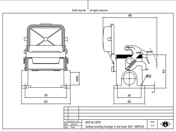 surface mounting housing, size 44.27, V-TYPE alu, 1 lever stainless steel, 1xM20 side, spring cover