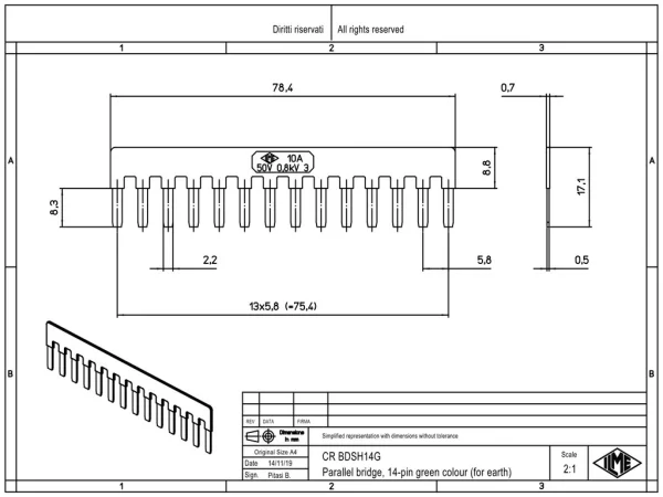 parallel bridge, for 14 contacts, 10A, 50V, for inserts CDSH, green
