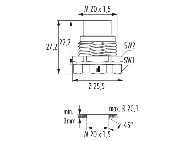 Panel connector female thread, single hole rear mounted