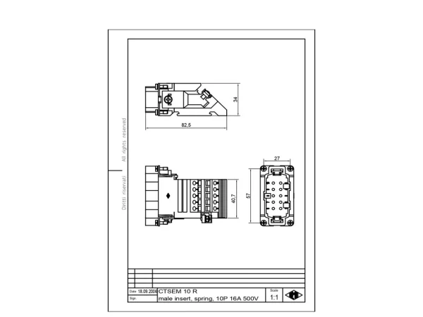 male insert, size 57.27, 10p+PE, silver, spring, 16A, 500V, right