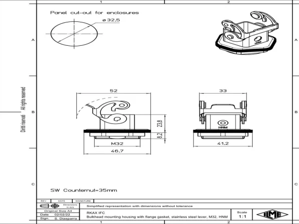 bulkhead mounting housing, size 21.21, HNM alu, 1 lever stainless steel, 1xM32 external, profiled gask.