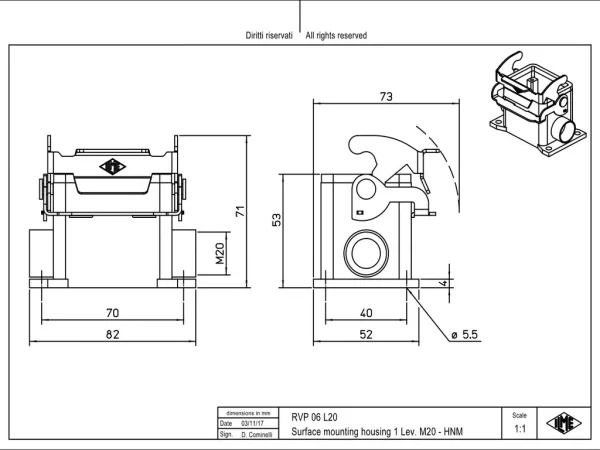 surface mounting housing, size 44.27, HNM alu, 1 lever, 1xM20 side