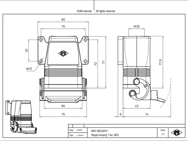surface mounting housing, angled, size 44.27, C-TYPE alu, 1 lever, 1xM25 top, wall mounting