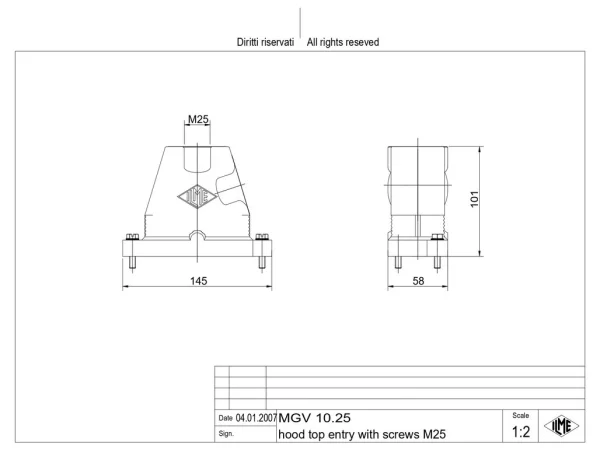 hood, size 57.27, IP68 alu, screw locking, 1xM25 top