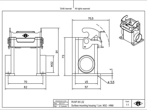 surface mounting housing, high, size 44.27, HNM alu, 1 lever, 1xM32 side