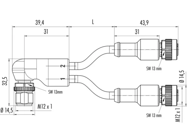 Angled duo male connector M12x1, 2 female cable connectors M12x1