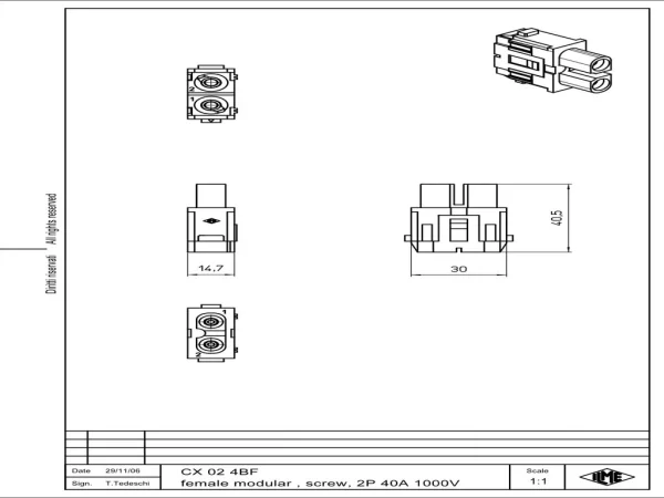 female insert, MIXO, 1MU, 2p, silver, axial screw connection, 40A, 1000V