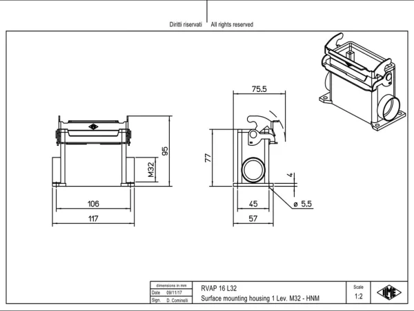 surface mounting housing, high, size 77.27, HNM alu, 1 lever, 1xM32 side