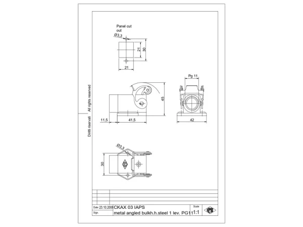 bulkhead mounting housing, angled, size 21.21, CKA zinc, 1 lever stainless steel, 1xPG11 side