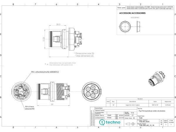 Mini plug connector panel-mounted 4p screw M20