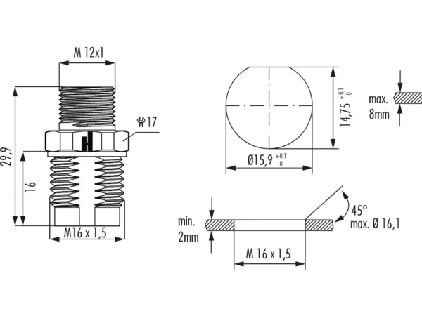 Panel connector male thread, single hole front mounted