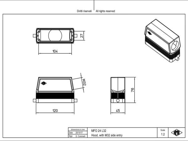 hood, high, size 104.27, C-TYPE alu, 2 pegs, 1xM32 side, no adaptor
