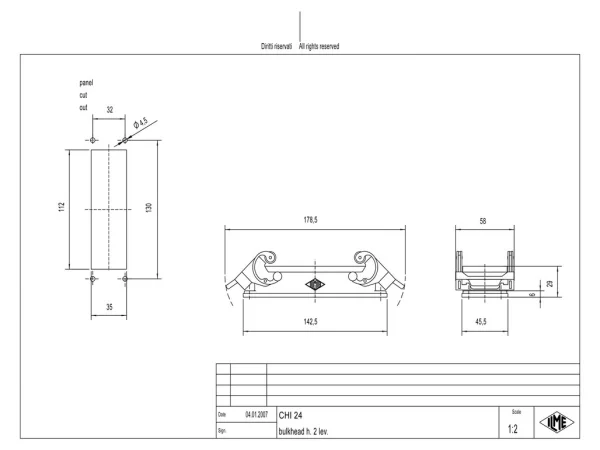 bulkhead mounting housing, size 104.27, C-TYPE alu, 2 levers