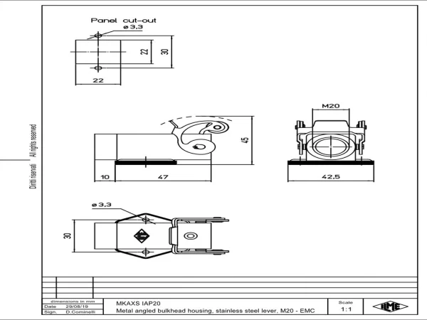 bulkhead mounting housing, angled, size 21.21, EMC zinc, 1 lever stainless steel, 1xM20 side