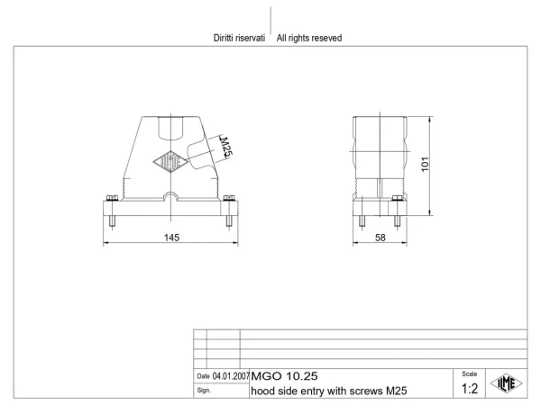 hood, size 57.27, IP68 alu, screw locking, 1xM25 side