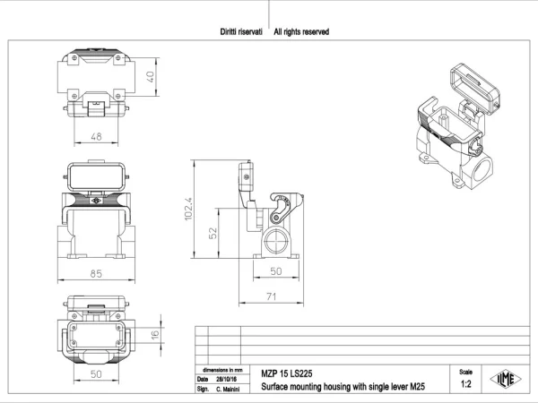 surface mounting housing, size 49.16, IL-BRID alu, 1 lever, 2xM25 side, cover metal