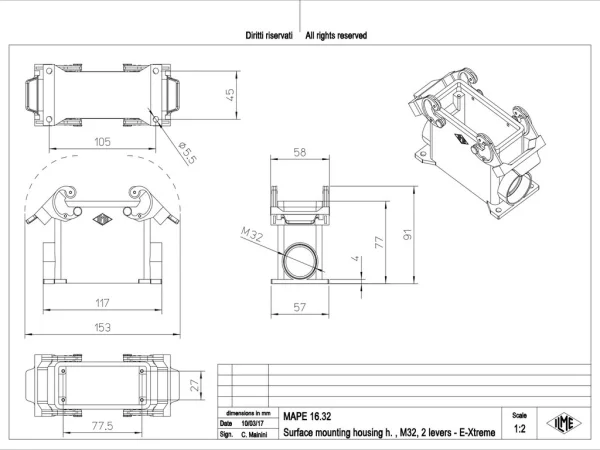 surface mounting housing, high, size 77.27, E-Xtreme alu, 2 levers, 1xM32 side