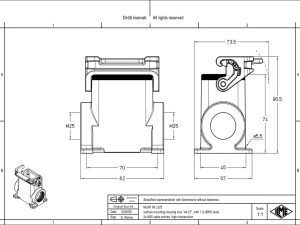surface mounting housing, size 44.27, IL-BRID stainless steel, 1 lever, 2xM25 side