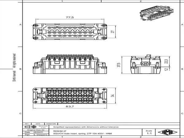 male insert, size 77.27, 27p+PE, SQUICH, 10A, 400V, HNM