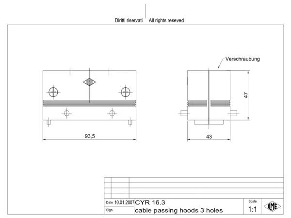 passing hood, size 77.27, alu, 4 pegs, for 3 data cable 5,0-13,5mm