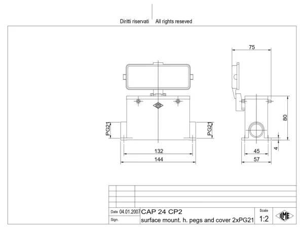 surface mounting housing, high, size 104.27, C-TYPE alu, 4 pegs, 2xPG21 side, cov.