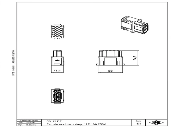 female insert, MIXO, 1MU, 12p, crimp, 10A, 250V
