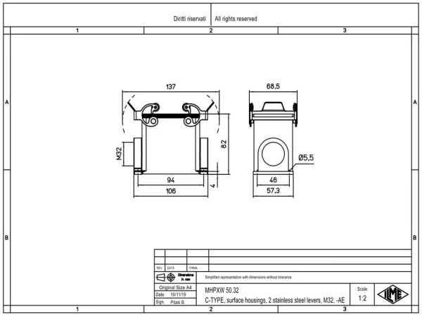 surface mounting housing, size 66.40, W-TYPE alu, 2 levers stainless steel, 1xM32 side