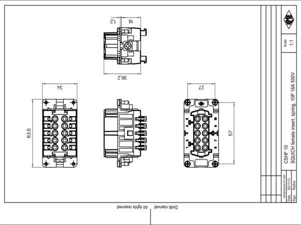 female insert, size 57.27, 10p+PE, silver, SQUICH, 16A, 500V