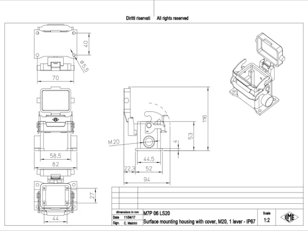 surface mounting housing, size 44.27, V-TYPE alu, 1 lever, 1xM20 side, cover metal