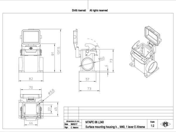 surface mounting housing, high, size 44.27, E-Xtreme alu, 1 lever, 2xM40 side