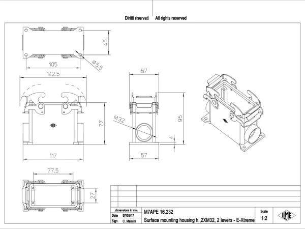 surface mounting housing, high, size 77.27, E-Xtreme alu, 2 levers, 2xM32 side