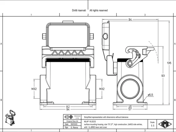 surface mounting housing, size 57.27, IL-BRID stainless steel, 1 lever, 2xM32 side