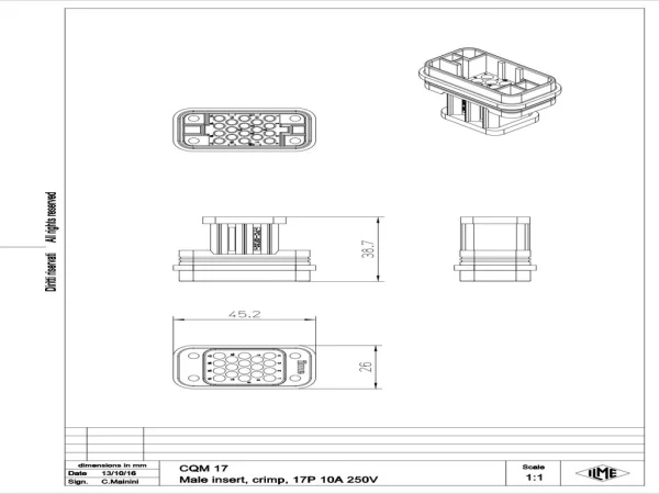 male insert, size 32.13, 17p+PE, crimp, 10A, 160V
