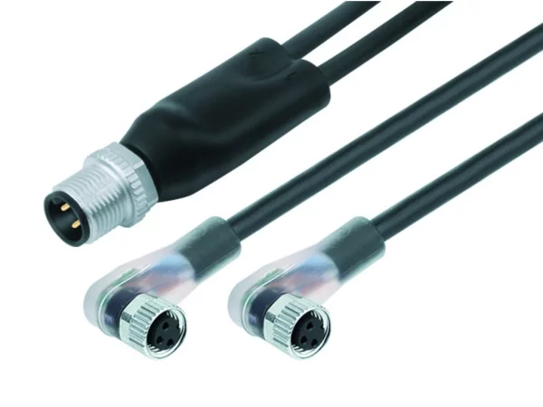 Duo male connector M12x1 - 2 female angled connectors with LED PNP NOC M8x1