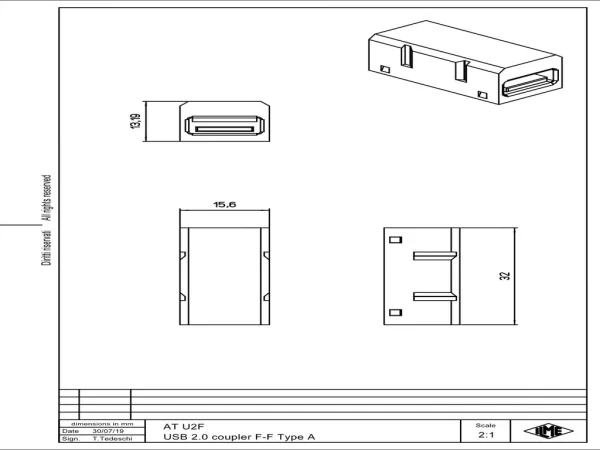 USB 2.0 coupler F-F, type A, for mounting into ATR C22
