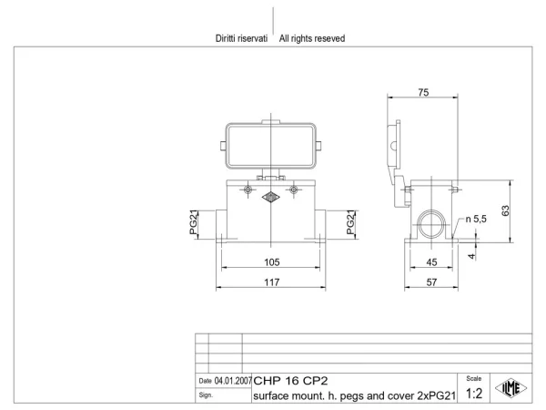 surface mounting housing, size 77.27, C-TYPE alu, 4 pegs, 2xPG21 side, cov.
