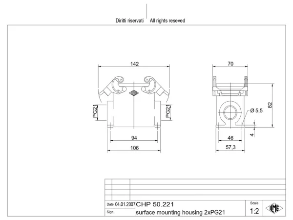 surface mounting housing, size 66.40, C-TYPE alu, 2 levers, 2xPG21 side