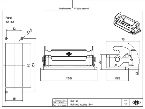bulkhead mounting housing, size 77.27, HNM alu, 1 lever