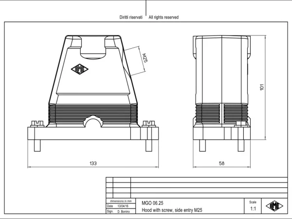 hood, size 44.27, IP68 alu, screw locking, 1xM25 side