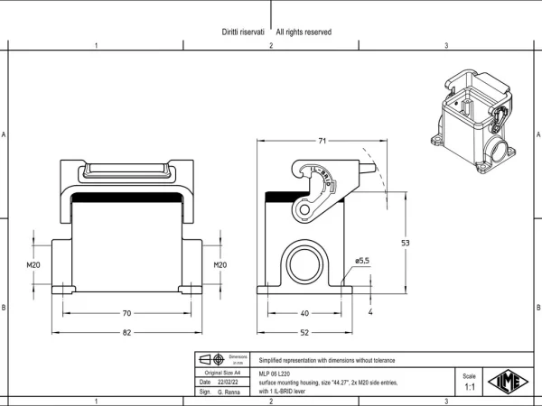 surface mounting housing, size 44.27, IL-BRID stainless steel, 1 lever, 2xM20 side