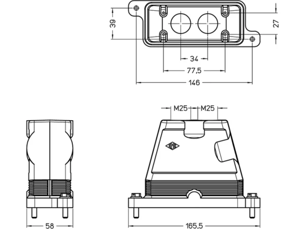 hood, size 77.27, IP68 alu, screw locking, 2xM25 top