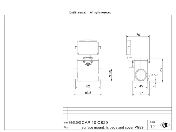 surface mounting housing, high, size 57.27, C-TYPE alu, 4 pegs, 1xPG29 side, cov.