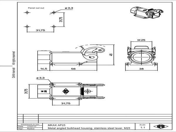 bulkhead mounting housing, angled, size 21.21, CKA zinc, 1 lever stainless steel, 1xM25 side, closed bottom