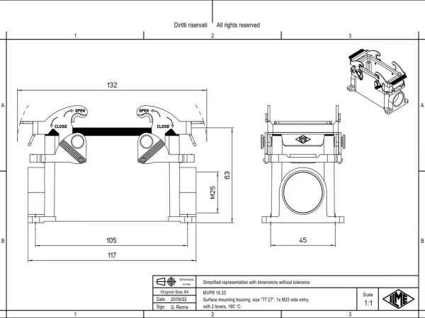 surface mounting housing, size 77.27, 180 °C alu, 2 levers, 1xM25 side