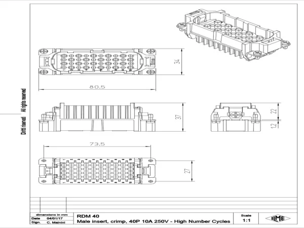 male insert, size 77.27, 40p+PE, crimp, 10A, 250V, HNM