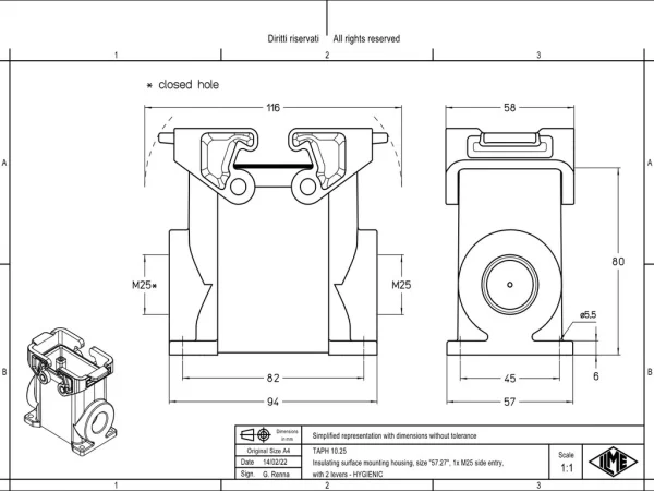 surface mounting housing, high, size 57.27, T-TYPE H plastic, 2 levers, 1xM25 side
