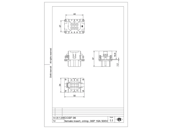 female insert, size 44.27, 6p+PE, crimp, 16A, 500V