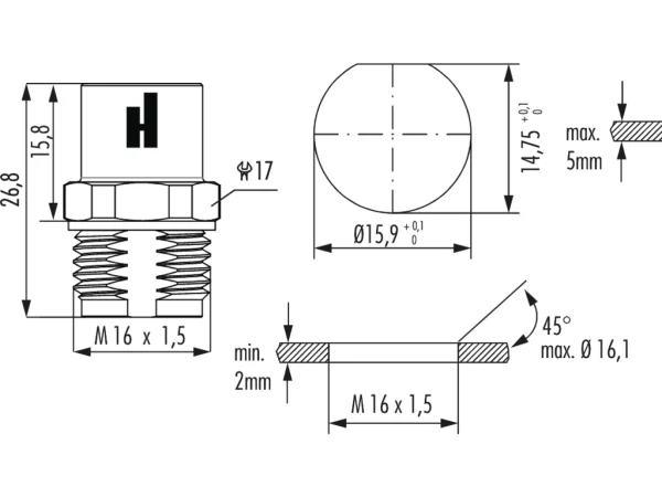 Panel connector female thread, single hole front mounted