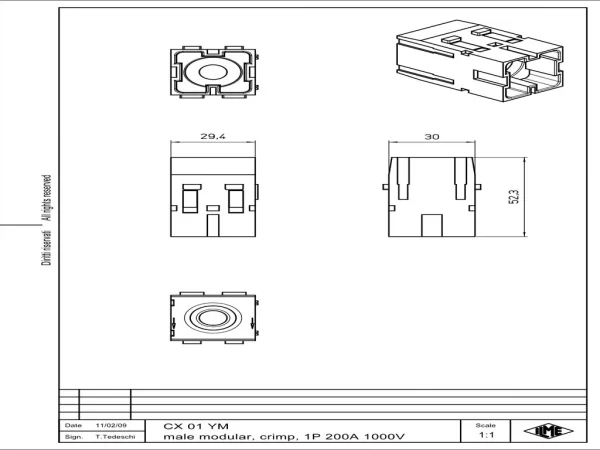 male insert, MIXO, 2MU, 1p, crimp, 200A, 1000V