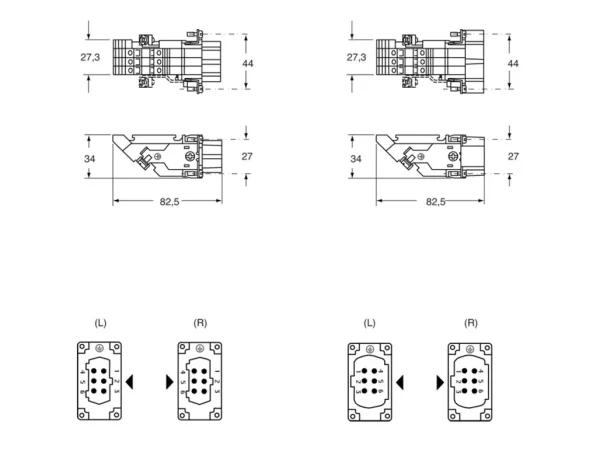 male insert, size 44.27, 6p+PE, silver, screw, 16A, 400V, left
